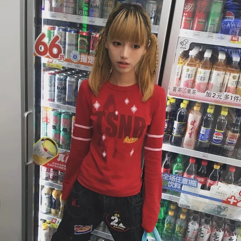 Cathy Dollette Japanese  Letter Print  Trashy 2000s Style Flare Sleeve TopVintage Harajuku Red Tee Shirt American Retro 90s