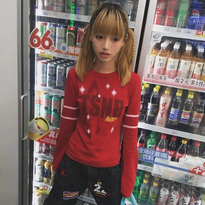 Cathy Dollette Japanese  Letter Print  Trashy 2000s Style Flare Sleeve TopVintage Harajuku Red Tee Shirt American Retro 90s