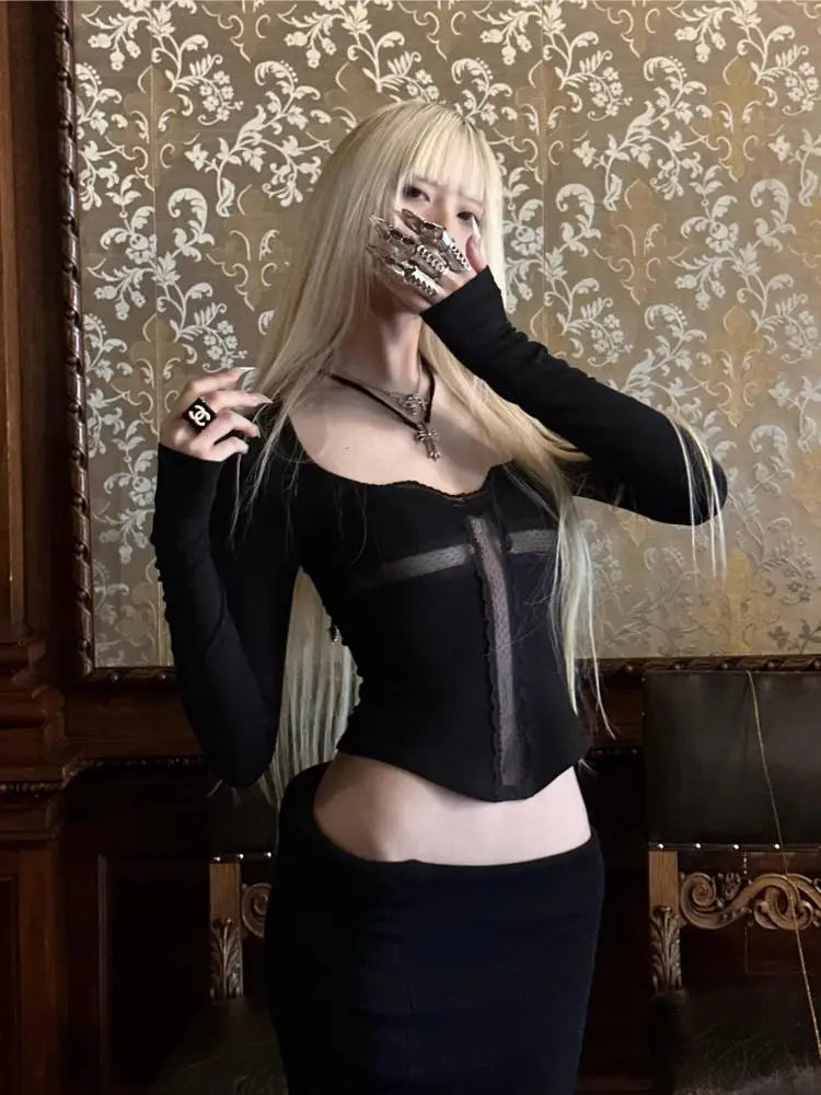 Cathy Dollette Patchwork Cross Hollow Out 's  Long Sleeve Gothic Spring Autumn TopTees Female Clothing 2000s Clothes