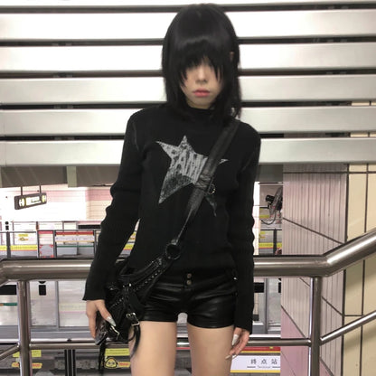 Cathy Dollette Japanese  Black Knitted TopTrashy 2000s Style Long Sleeve Knit  Vintage Harajuku Distressed Knitwear Grunge
