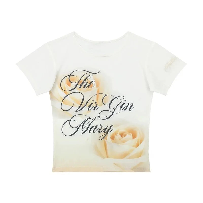 Cathy Dollette Vintage Print Mesh Short Sleeve Skinny See Through Crop Top Retro Tshirts Streetwear 2000s Japanese Tee Tops