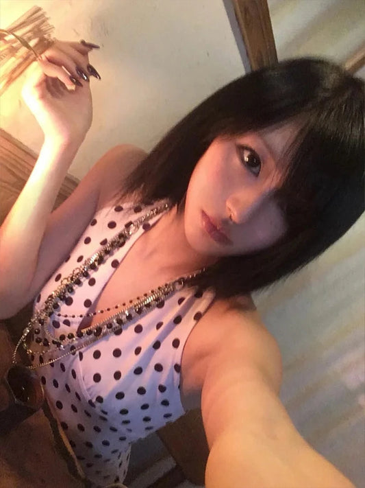 Cathy Dollette  Fairycore Tank Top Polka Dot Lace Up Camis Japanese 2000s Sleeveless Tee TopV-neck Streetwear Crop Tops