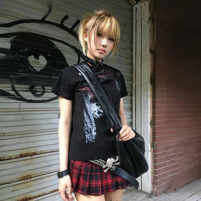 Cathy Dollette Japanese  Graffiti Print  Trashy 2000s Style Short Sleeve T Shirt Vintage Harajuku Streetwear Grunge American