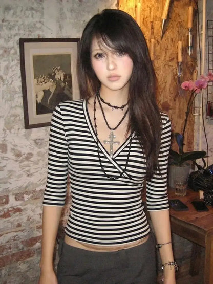Cathy Dollette Slim V Neck  Gray and Black Striped Top