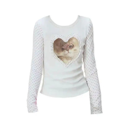 Cathy Dollette Hotsweet Patchwork Dot 's  Long Sleeve Print Cat Graphic Tee Female Clothing Slim 2000s Clothes  Autumn