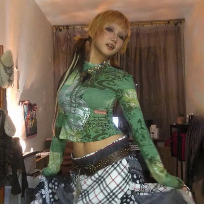 Cathy Dollette Japanese  Crop Top Trashy 2000s Graffiti Print Long Sleeve  Grunge s Vintage Streetwear Harajuku 90s