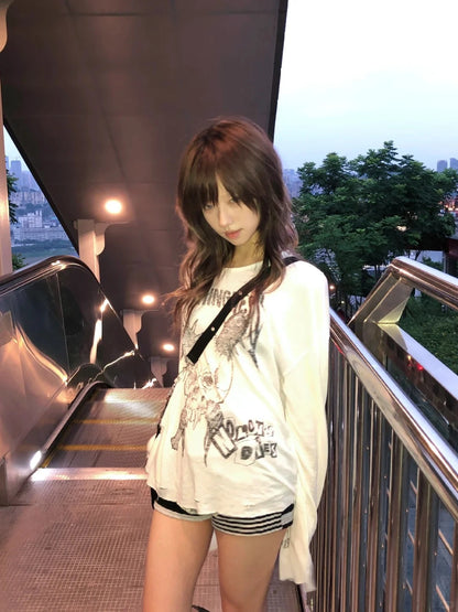 Cathy Dollette Japanese Vintage   Loose Casual Print Graphic Top Grunge TopBroke Hole Tee TopAmerican Retro