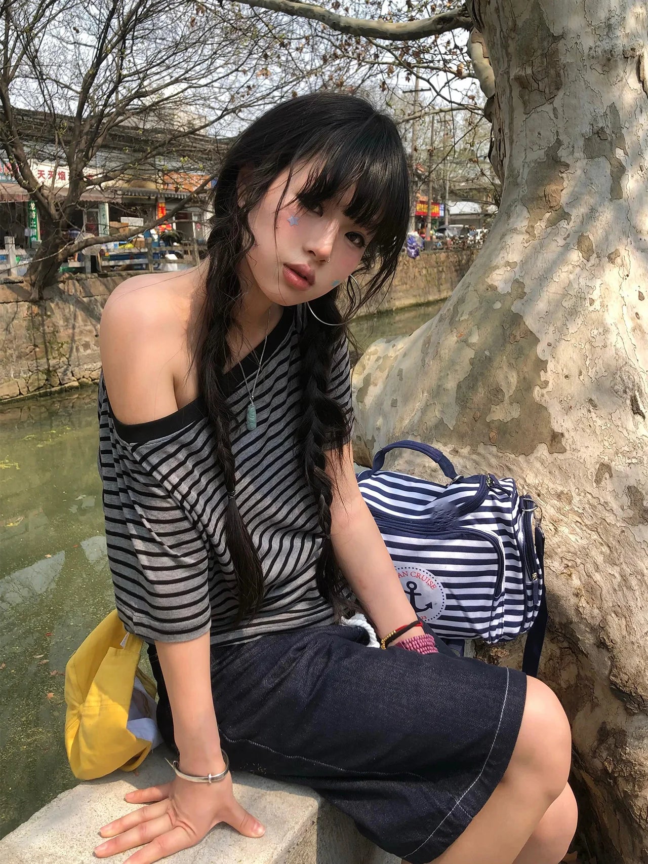 Cathy Dollette  Japanese T Shirt  Striped Off Shoulder Grunge Top 2000s  Tshirts American Retro TopTee