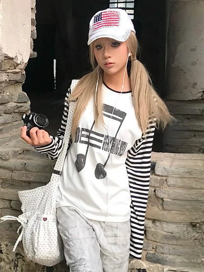 Cathy Dollette Japanses 2000s   Casual Print Graphic TopPatchwork  Grunge TopAmerican Retro Tshirts E-girl