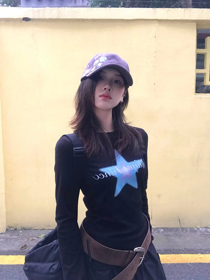 Cathy Dollette Harajuku Print Graphic Top Long Sleeve Black  Streetwear  Japanese Grunge TopAmerican Retro