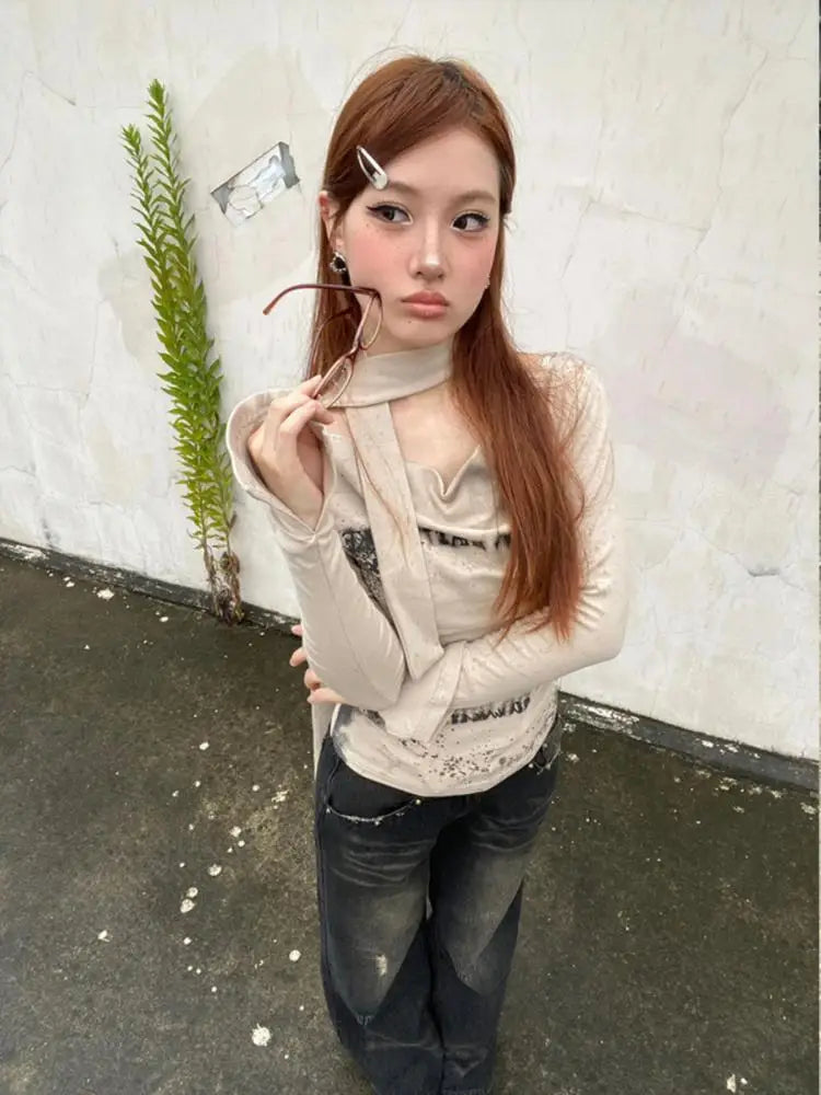 Cathy Dollette Vintage Print T Shirt  Flare Sleeve  Crop TopGrunge TopE-girl Tee TopJapanese 2000s Streetwear Tshirts
