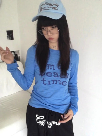 Cathy Dollette Harajuku Print Letter   Long Sleeve Blue Tee Top Grunge Top2000s Japanese Streetwear Tshirt