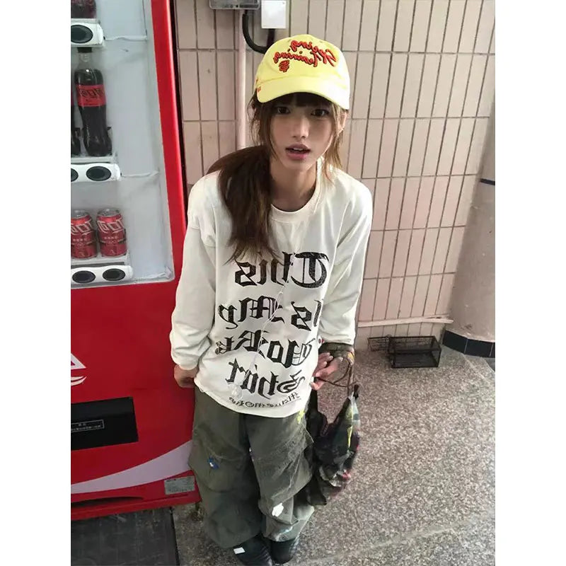 Cathy Dollette Japanese    Casual Loose Print Letter Graphic TopStrretwear American Retro  Grunge Top Tee