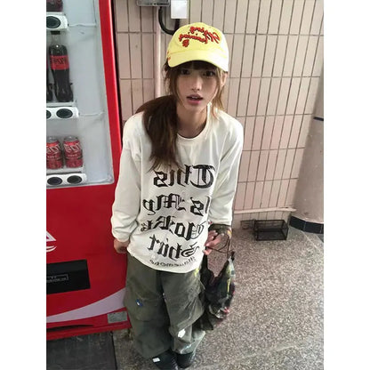 Cathy Dollette Japanese    Casual Loose Print Letter Graphic TopStrretwear American Retro  Grunge Top Tee