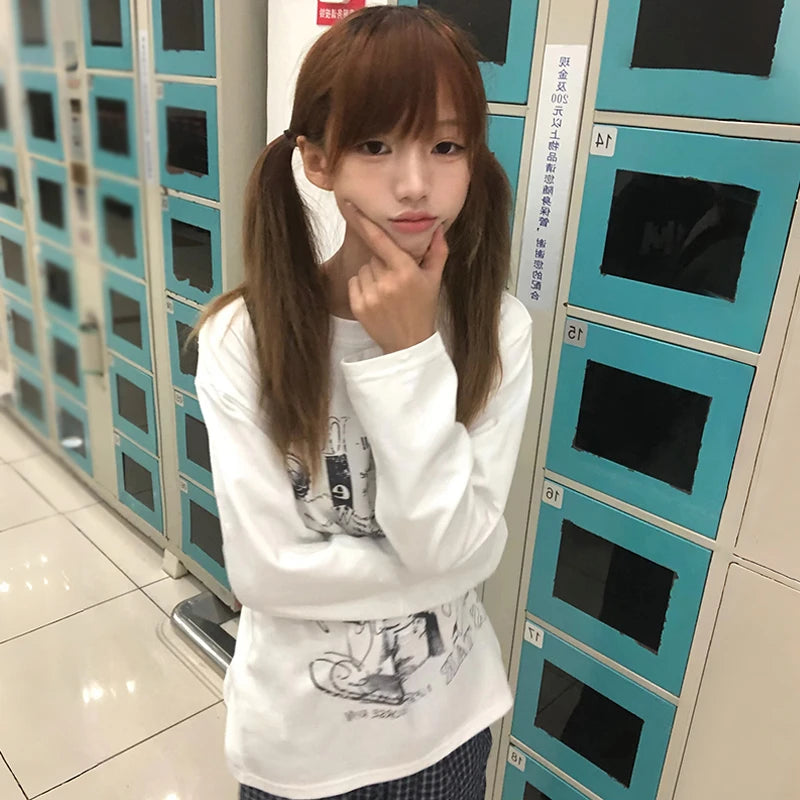 Cathy Dollette Japanese  Letter Print  2000s Style Long Sleeve White T Shirt Vintage Harajuku Oversized TopAmerican Retro