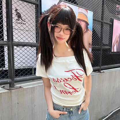 Cathy Dollette Harajuku Print   Short Sleeve Irregular Crop Top Fairycore Tee Top American Retro 90s Tshirts Summer