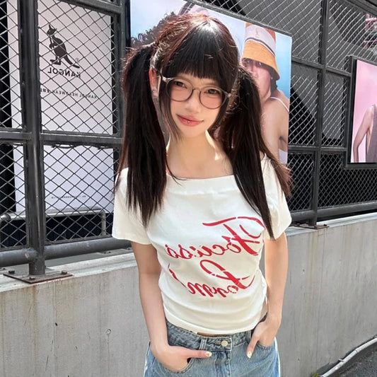 Cathy Dollette Harajuku Print   Short Sleeve Irregular Crop Top Fairycore Tee Top American Retro 90s Tshirts Summer