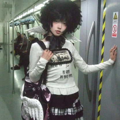 Cathy Dollette Japanese  Anime Print  Trashy 2000s Style Long Sleeve T Shirt Vintage Harajuku Lace Patchwork TopGrunge 90s