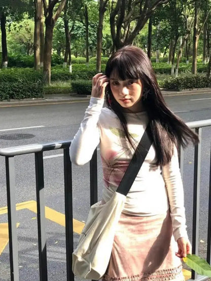 Cathy Dollette Fairycore Print Floral Graphic T Shirts Long Sleeve Korean Fashion Spring Top2000s Clothes  Tees Female Clothing