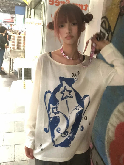 Cathy Dollette Japanese 2000s Print Graphic TopLong Sleeve  Vintage Tshirts  Casual Loose Tee TopE-girls American Retro