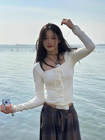 Cathy Dollette Hotsweet Square Collar 's  Long Sleeve Korean Fashion 2000s Clothes  Autumn TopTees Female Clothing