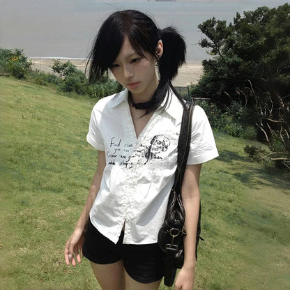 Cathy Dollette  s Pleated Shirt Grunge Gothic Skull Print White Shirts Trashy 2000s Style V-neck Blouses Japanese Harajuku