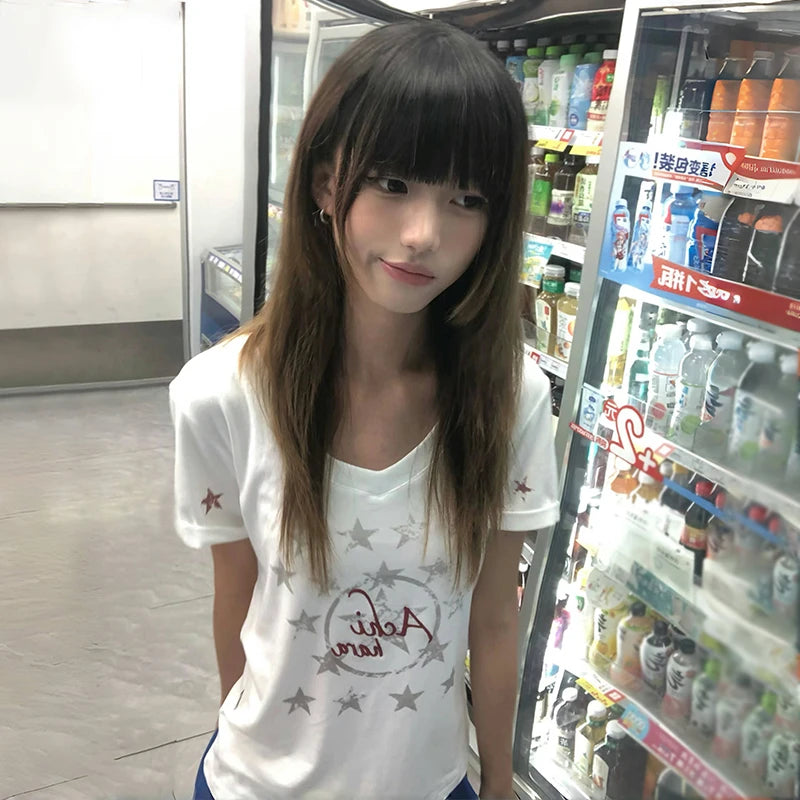 Cathy Dollette Japanese  Letter Print  2000s Style V-neck Tee Shirt  Vintage Harajuku Short Sleeve T Shirt American Retro 90s