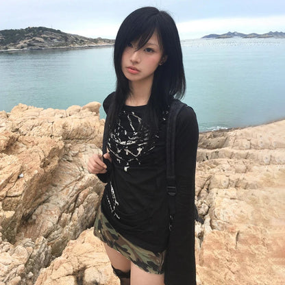 Cathy Dollette Japanese  Tattoo Print  Grunge Gothic Long Sleeve Irregular Top Black Vintage Harajuku Streetwear Trashy 2000s