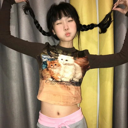 Cathy Dollette Japanese  Cat Print  2000s s Long Sleeve Crop TopVintage Harajuku Patchwork Ribbed TopKorean Cute