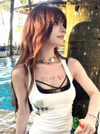 Cathy Dollette Hotsweet Two Piece Suit Tank TopPrint White Tanks Sleeveless Tshirt Summer Top2000s Clothes  Sexy Black Camisole