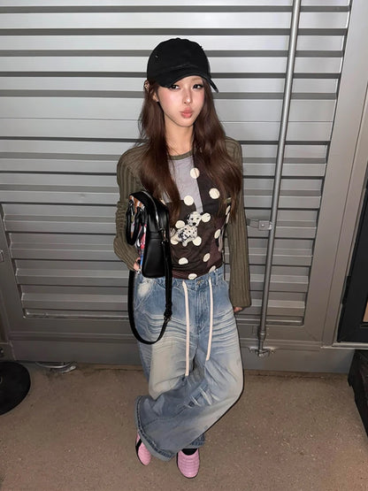 Cathy Dollette Harajuku Print Dog Graphic TopLong Sleeve Patchwork    Grunge Top 2000s Tshirts