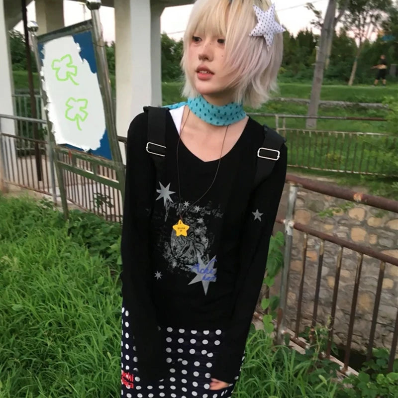 Cathy Dollette Japanese  Star Print  Vintage Harajuku Long Sleeve V-neck Top2000s s Streetwear American Retro 90s