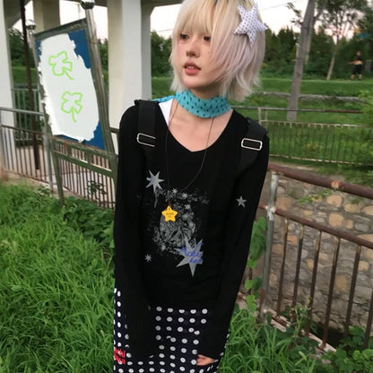 Cathy Dollette Japanese  Star Print  Vintage Harajuku Long Sleeve V-neck Top2000s s Streetwear American Retro 90s