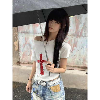 Cathy Dollette Off Shoulder Cross Print 's  2000s Clothes  Short Sleeve Japan Style Graphic Tee Female Clothing Summer