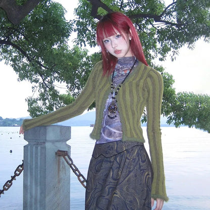 Cathy Dollette Japanese  Crop Cardigan Vintage Harajuku Knitted Outerwears 2000s s V-neck Knitwear Striped American Retro