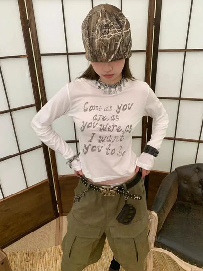 Cathy Dollette Vintage Print Letter T Shirt  See Through White Graphic Top  Grunge Top American Retro