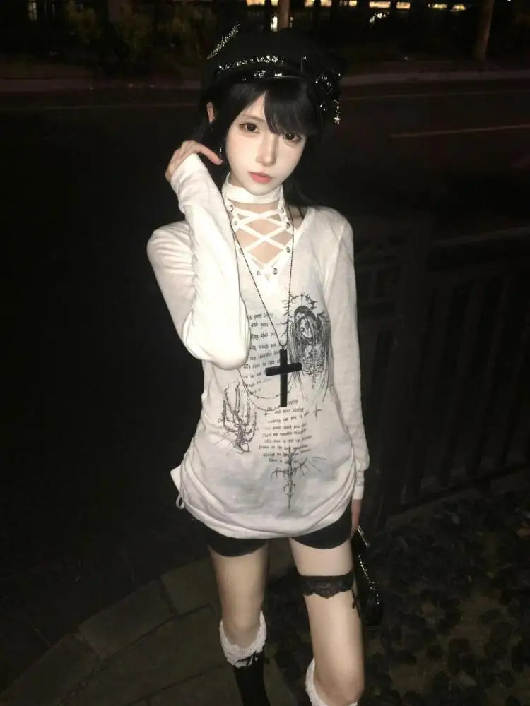 Cathy Dollette Chic Print Graphic T Shirts Woman Lace Up Youthful 2000s Clothes  Long Sleeve Tees Female Clothing  Spring Top
