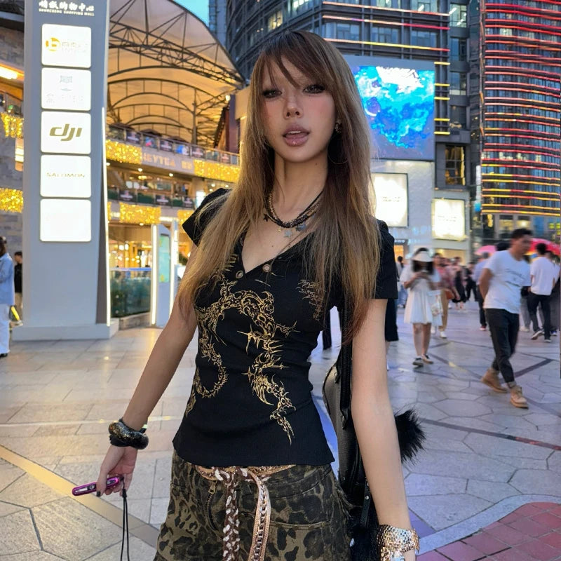 Cathy Dollette Grunge s Tattoo Print  Japanese  V-neck TopTrashy 2000s Style Short Sleeve Tee Shirt American Retro
