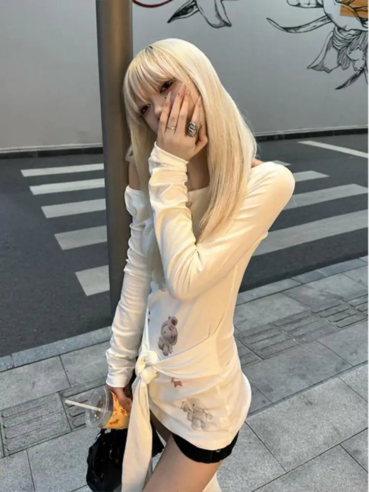 Cathy Dollette  Print Graphic T Shirts Long Sleeve Lace Up Japanese Style Spring Top Kawaii Tees Female Clothing Chic