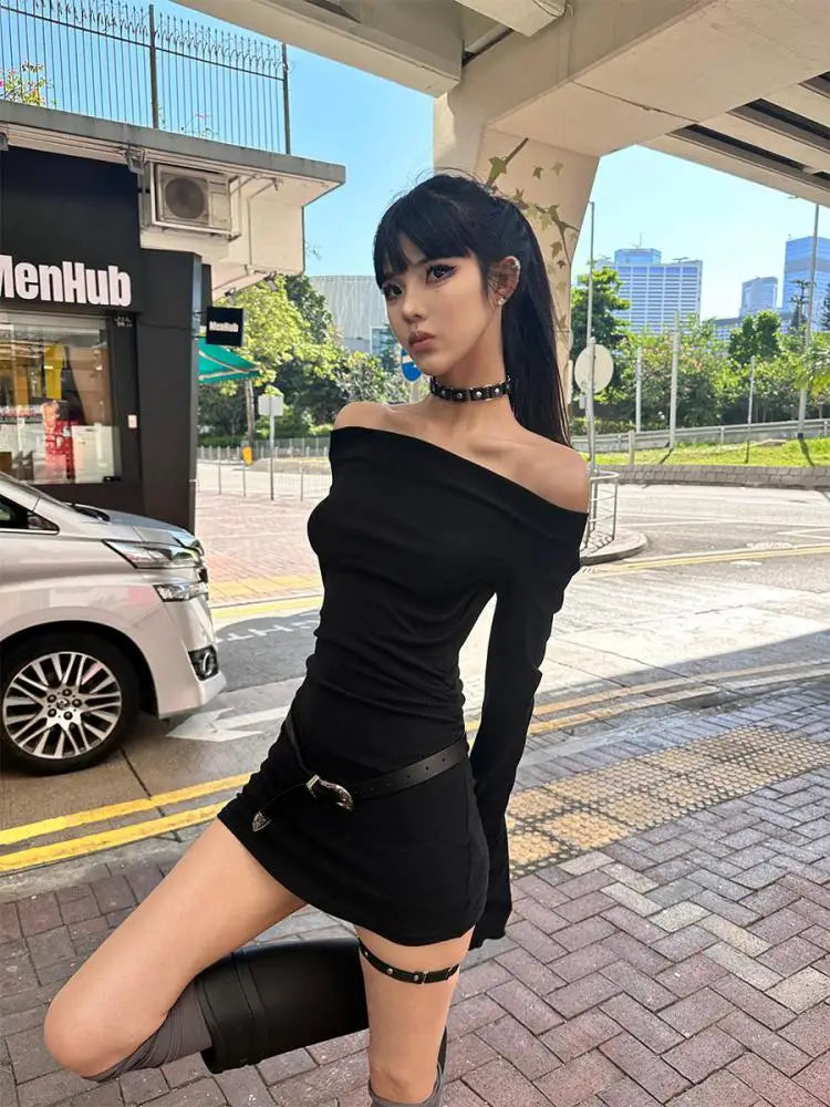 Cathy Dollette Black Slim Sexy Mini Dress  Long Sleeve Autumn Off Shoulder Korean Fashion 2000s  Clothes Party Dresses Chic
