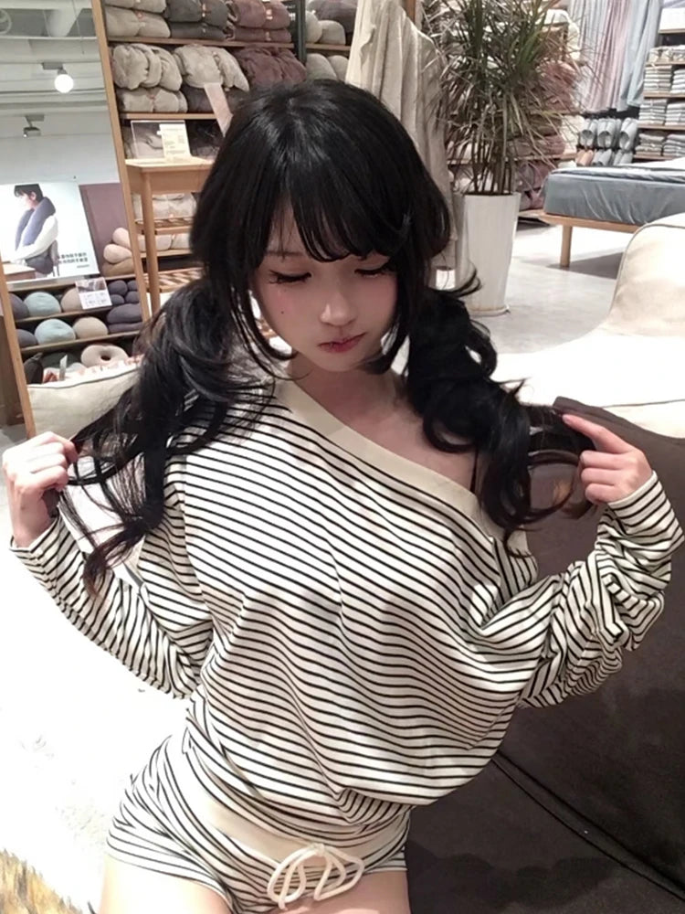 Cathy Dollette  Japanese Two Pieces Suits Off Shoulder Tshirts + Mini Shorts Streetwear Vintage Striped  Sets Outfits Korean