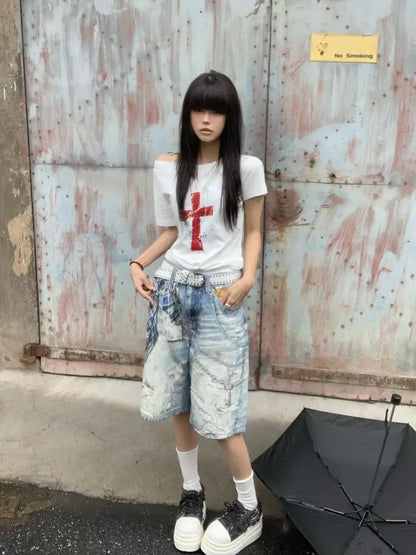 Cathy Dollette Off Shoulder Cross Print 's  2000s Clothes  Short Sleeve Japan Style Graphic Tee Female Clothing Summer