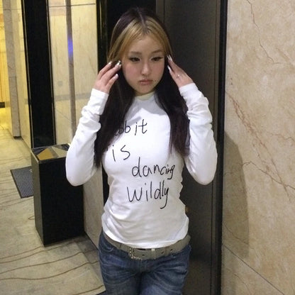 Cathy Dollette Japanese  Letter Print  Vintage Harajuku Long Sleeve T Shirts 2000s s Whiter TopAmerican Retro 90s