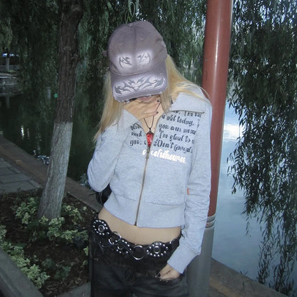 Cathy Dollette Grunge s Letter Print Jacket Trashy 2000s Style Zipper Outerwears Japanese  Grey Short Coat American Retro