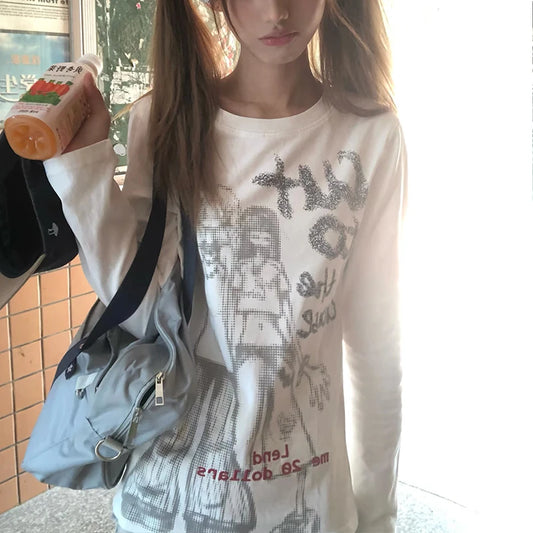 Cathy Dollette Japanese  Anime Print  2000s  Style Long Sleeve T Shirt Vintage Harajuku Cutecore TopAmerican Retro