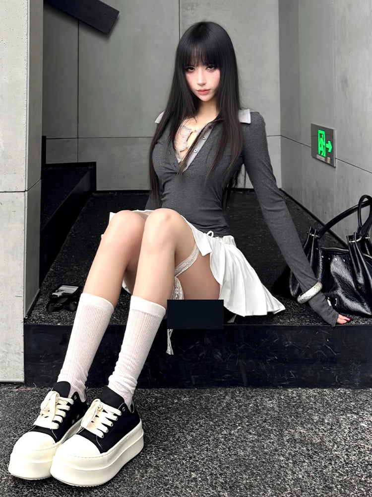 Cathy Dollette Hotsweet Turn-down Collar Fake Two Piece s  Clothing Patchwork Lace Autumn TopKorean 2000s Clothes