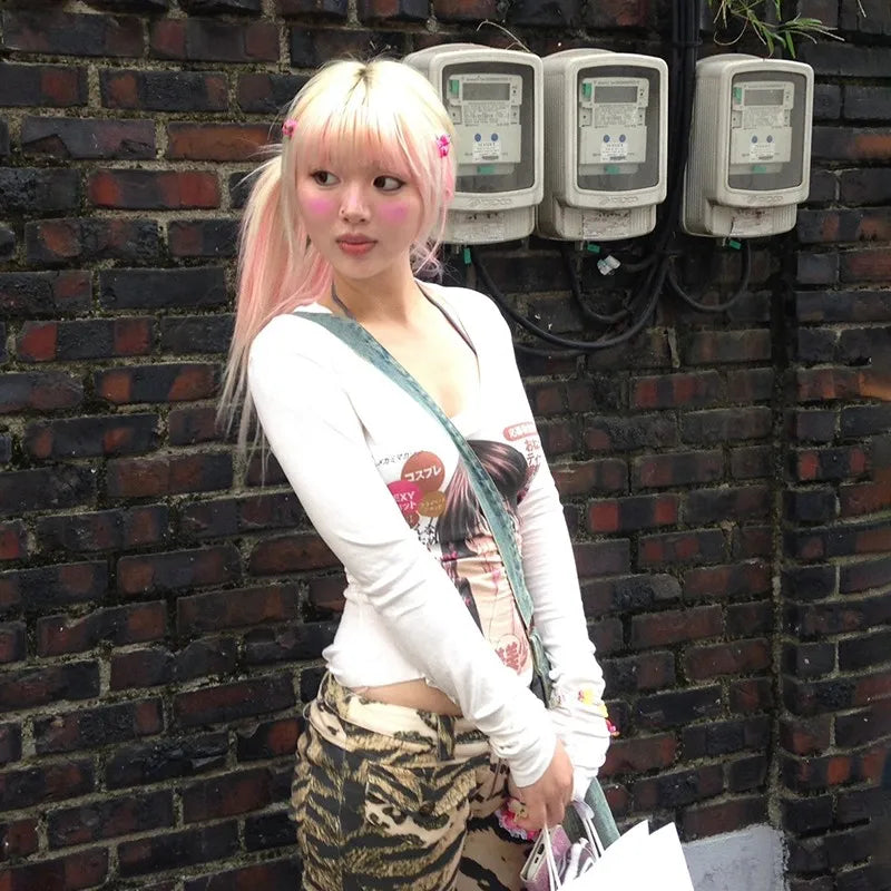 Cathy Dollette Japanese  Anime Print  2000s s Long Sleeve Tee Shirt Vintage Harajuku V-neck White TopKawaii Lolita