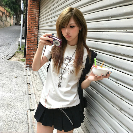 Cathy Dollette Japanese  Letter Print  Trashy 2000s Style Short Sleeve T Shirt Vintage Harajuku Distressed Top American Retro