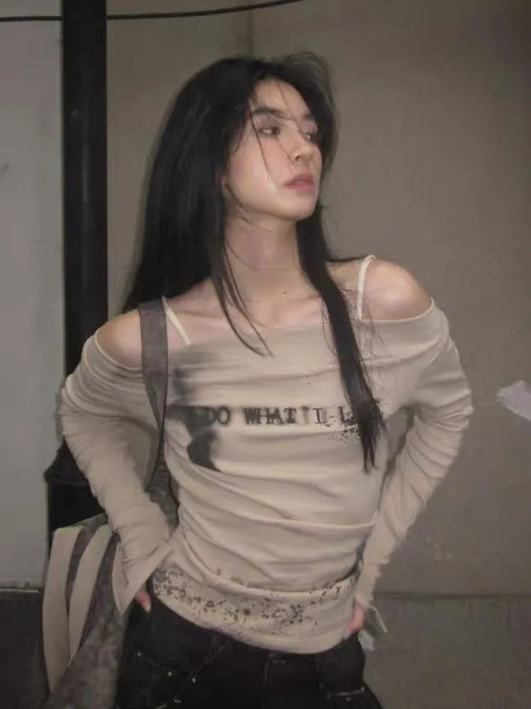 Cathy Dollette Vintage Print T Shirt  Flare Sleeve  Crop TopGrunge TopE-girl Tee TopJapanese 2000s Streetwear Tshirts