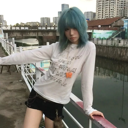 Cathy Dollette Japanese  Letter Print  Trashy 2000s Style Long Sleeve T Shirt Vintage Harajuku Distressed TopAmerican Retro